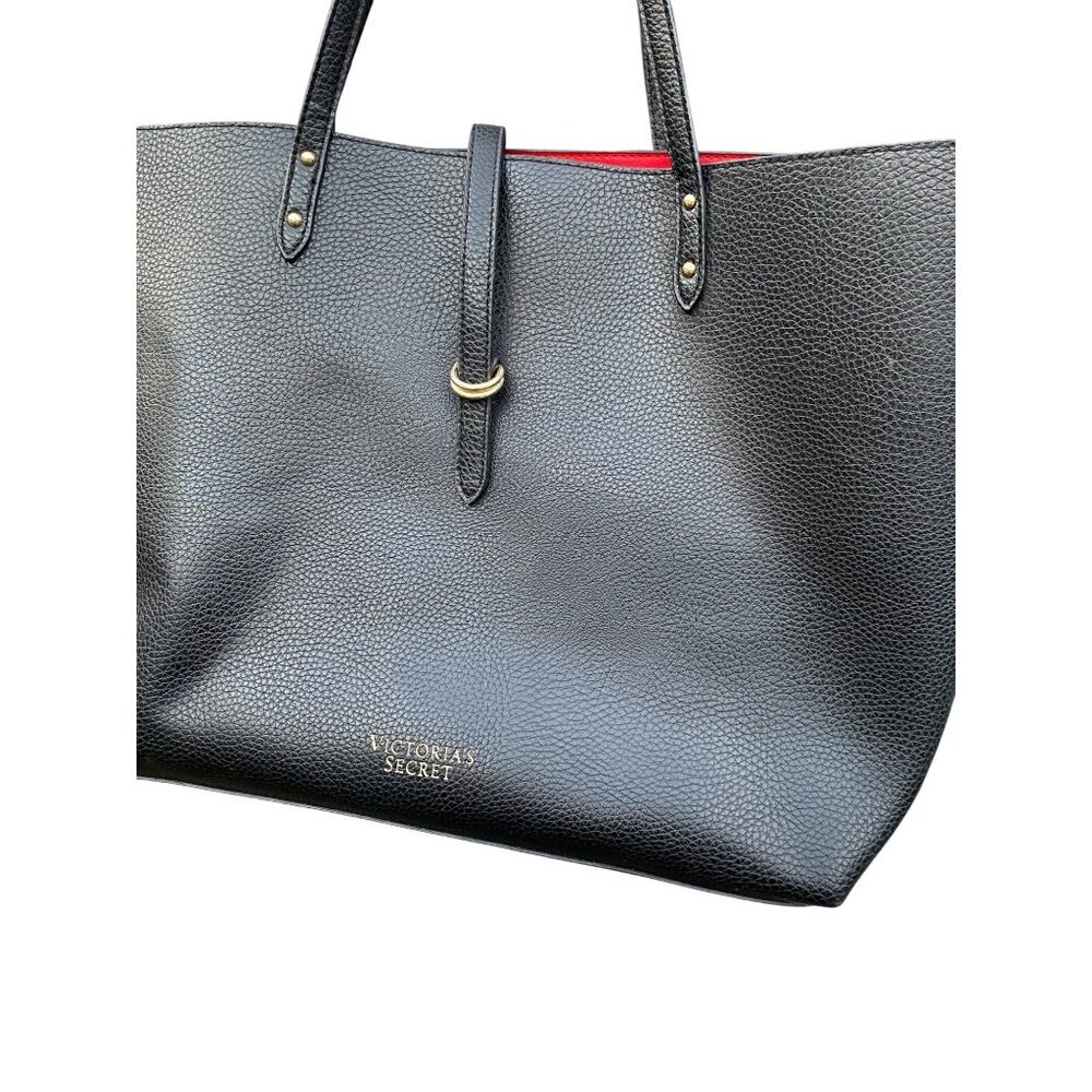 Victorias Secret Black Pebble Leather Tote Bag With Red Interior & Gold Accents